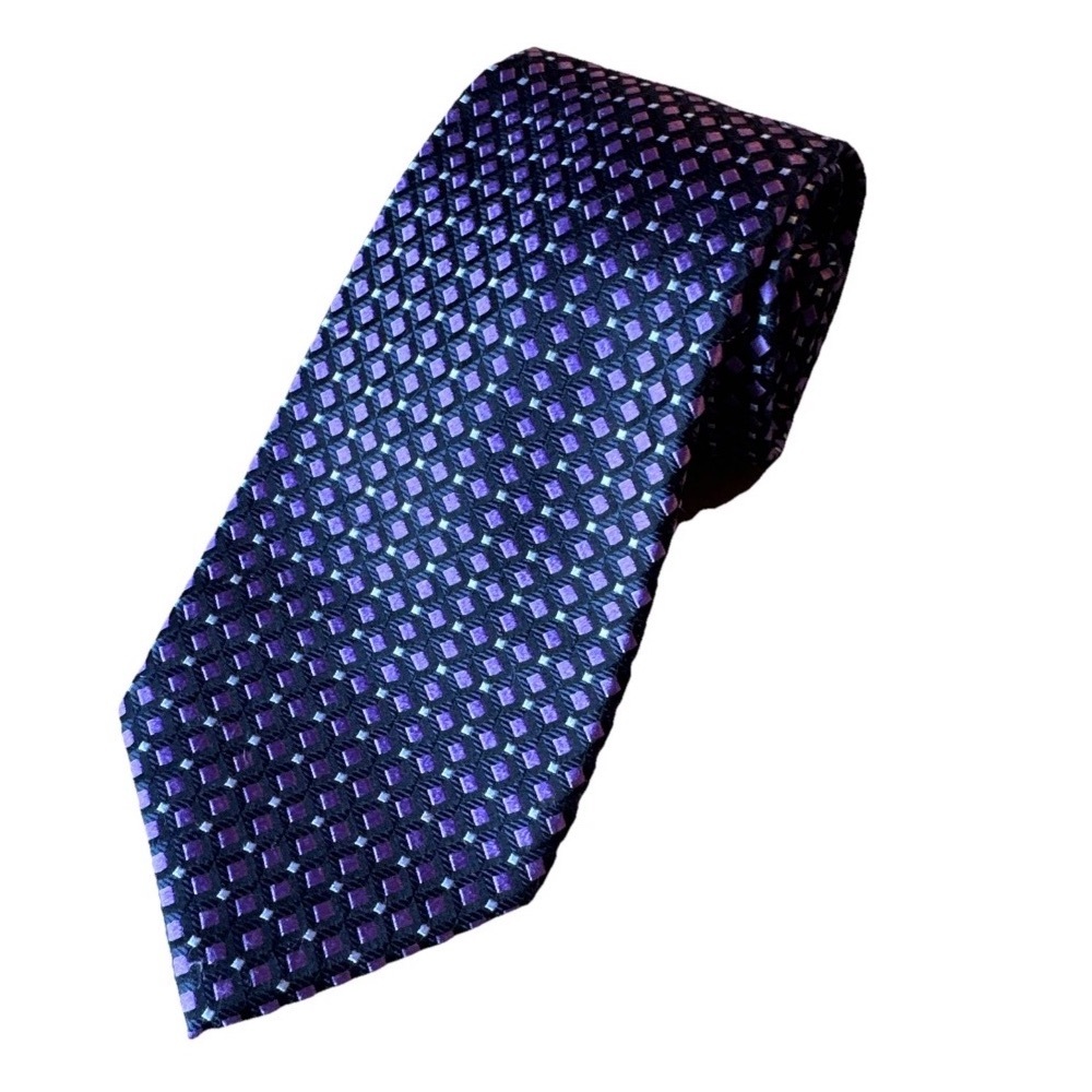 Countess Mara Tie 100% Silk Elegant Black w/ Purple Squares Design Necktie
